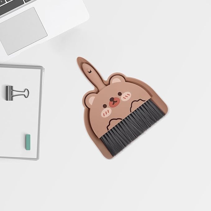LOGOFUN Mini Dustpan and Brush Set Cartoon Small Broom and Dustpan with Bear Pattern for Home Office Desktop Cleaning Tool - Brown