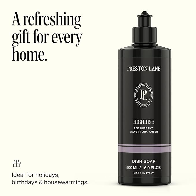 Preston Lane Luxury Dish Soap, Highrise Scent | Plant Powered Formula with Essential Oils | Tough on Grease, Gentle on Hands | Vegan, Cruelty Free, Clean Ingredients