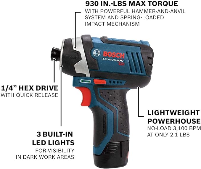 BOSCH CLPK22-120 12V Max Cordless 2-Tool Combo Kit with 3/8 in. Drill/Driver, 1/4 in. Impact Driver, (2) 2 Ah Batteries, Charger and Case