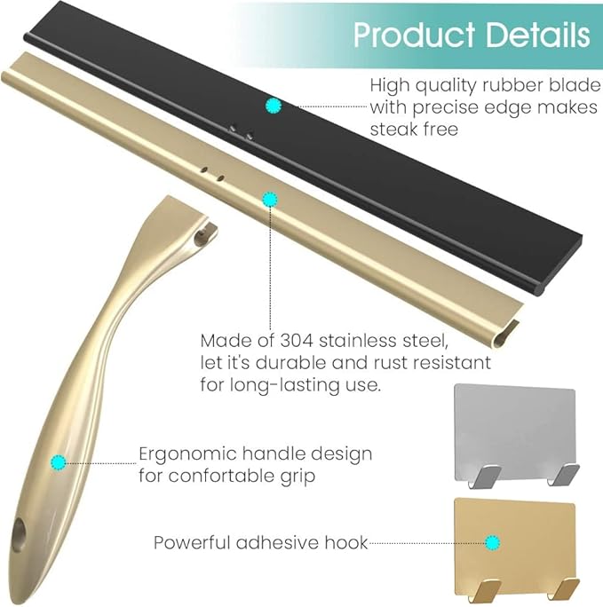 Shower Squeegee for Doors & Windows, All-Purpose, Stainless Steel, 14 Inch, Golden