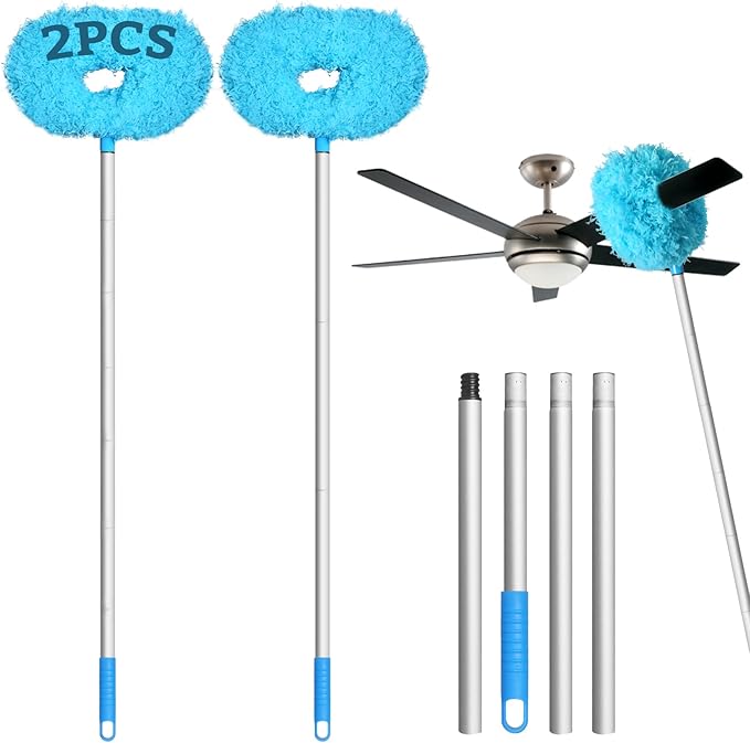 Eunice 2Pack Ceiling Fan Duster with Extension Pole, 13-49.7 Inches Adjustable and Removable Fan Cleaner Blade for High Ceiling, Window Door Furniture (Blue)