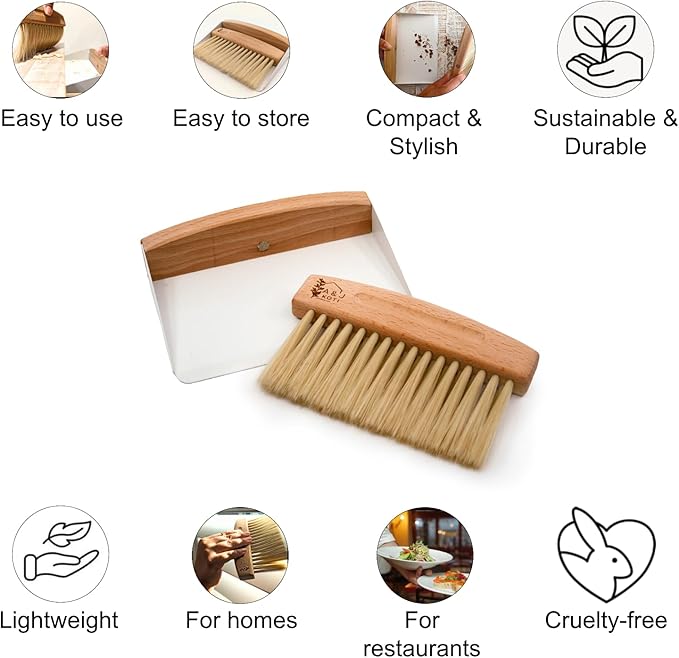 A&J Koti Table Crumb Sweeper - Small Mini Metal Dustpan and Hand Brush Combo Set - Wood Crumber for Servers, Restaurants, Home and Kitchen - Crumb Cleaning Set