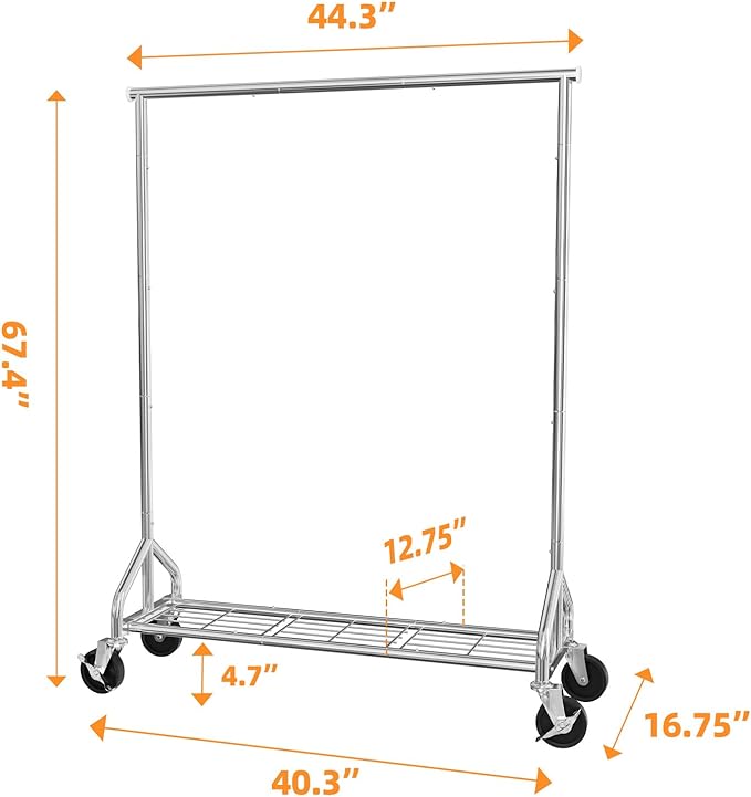 Ekisemio Heavy Duty Rolling Clothes Rack with Wheels and Shelves, 450 lbs Capacity, Portable Garment Rack for Hanging Clothes, Standing Wardrobe for Closet, Bedroom, Commercial Use, Chrome