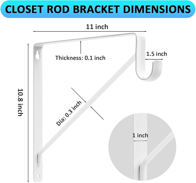 Heavy Duty Closet Rod Bracket 11x11 Inch, 6-Pack White Steel Closet Shelf Brackets,Wall Mount Closet Rod Support Bracket with Screws,Supports 300 lbs