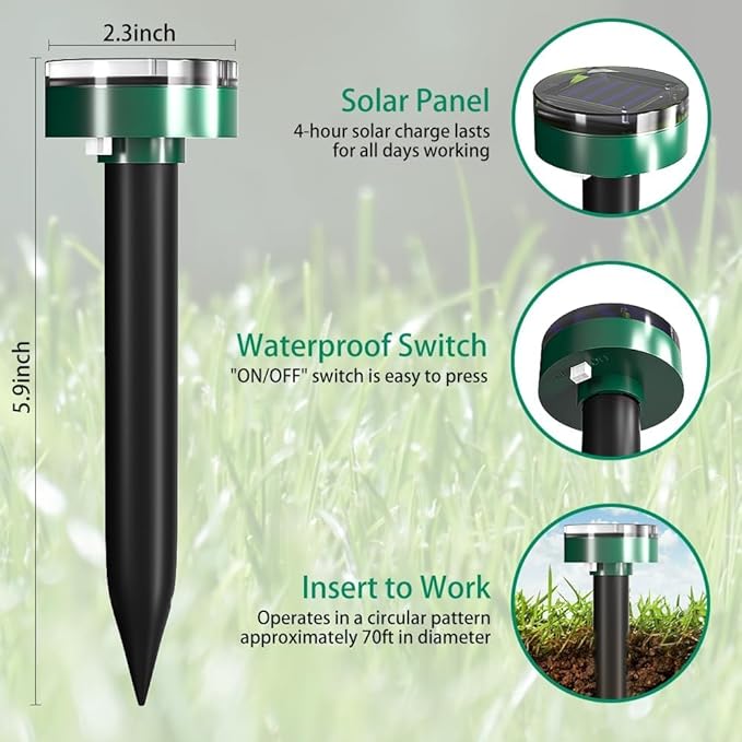 Solar Powered Ultrasonic Mole Repellent,Waterproof Outdoor Vibration Mouse Control for Yard Garden,360° Effective Rodent Repellent with Ultrasonic Sound,Green,10 Piece