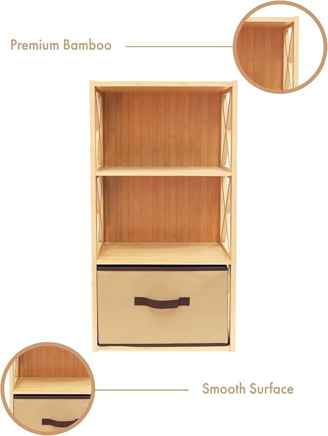 RoyalHouse 3-Tier Bamboo Storage Shelf with X-Design, Beige Fabric Drawer (3 Tier (11.42" D x 16.34" W x 31.5" H))