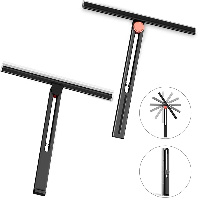 Upgraded Shower Squeegee for Glass Doors with 2 Pack Multi-Purpose 360° Rotating Window Squeegees for Walls Wiper, Car Windshield, Tile, Mirrors and Kitchen