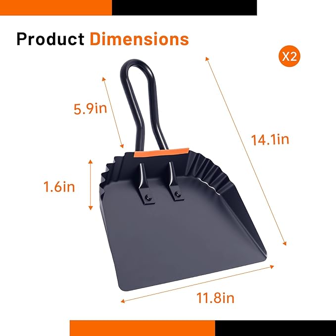 2 Pack Metal Dust Pan, 12 Inch Heavy Duty Dustpans, with Handle Black Large Dustpan for Indoor, Outdoor, Home Garage,Fireplace, Industrial and Commercial Use