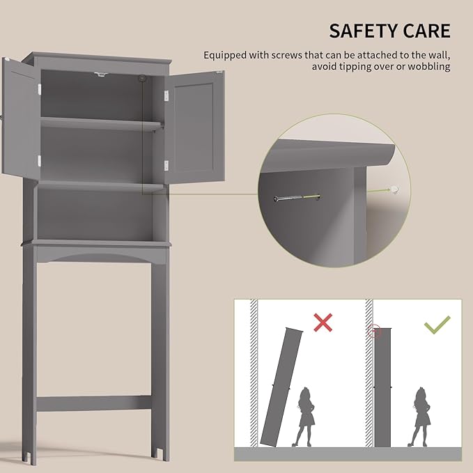 Gizoon Over The Toilet Storage Cabinet with Adjustable Shelf and Double Doors, Bathroom Space Saver Organizer Above Toilet with Open Shelf, Taller Wooden Free Standing Toilet Rack -Grey