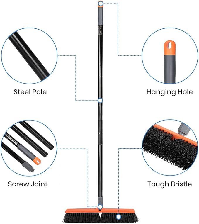 TreeLen 18 inch Push Broom Outdoor - Heavy Duty Broom for Driveways, Sidewalks, Patios and Deck Cleans Dirt, Debris, Sand, Mud, Leaves and Water-18 Wide Bristles