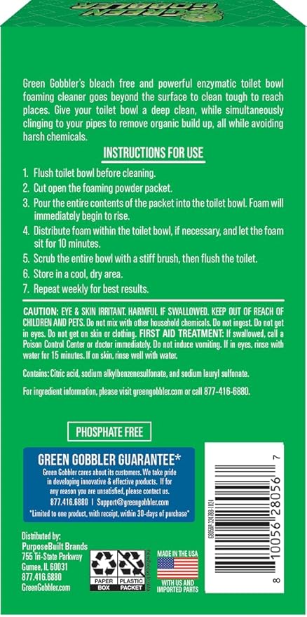 Green Gobbler 5-in-1 Foaming Toilet Bowl Cleaner + Pipe Build-up Remover, Enhanced Enzyme Formula, 2 Uses - Safe for Septic