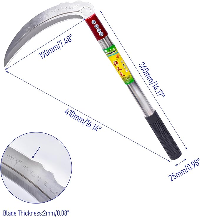 1pce 410mm/16.14in Stainless Steel Billhook Brush Clearing Sickle for Grass,Weeding Tools for Garden,Curved Sawtooth Sickle,Machete Axe for Cutting Trees,Steel Blade Knife in Hand