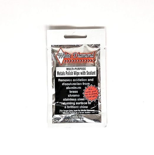 White Diamond Metal Polish with Long Lasting Sealant, Wipe (12 Wipes) is a Cleaner and Polisher All in one. Removes Oxidation and Discoloration from Aluminum, Brass, Chrome and Many Other Metals
