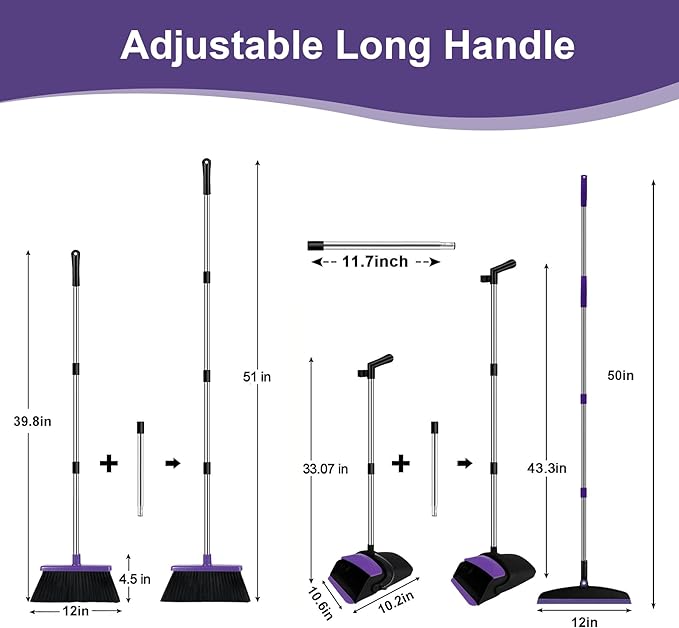 Broom with Dustpan Combo Set and Silicone Air Broom Kit, 51" Long Handle Floor Squeegee, Purple Household Kit for Glass Window Rugs Pet Hair Home