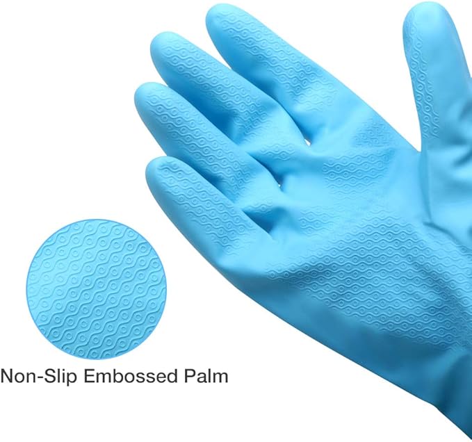 Alimat PluS 3 Pack Reusable Cleaning Gloves Latex Free, Dishwashing Gloves with Cotton Flock Liner and Embossed Palm, Waterproof Household Gloves for Laundry, Gardening (Large)