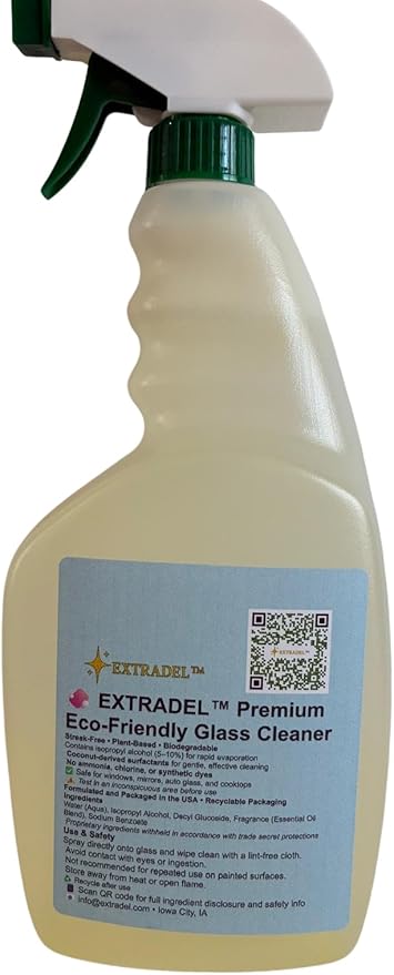 EXTRADEL™ Premium 32 fl oz Eco-Friendly Glass Cleaner, Plant-Based, Streak-Free, Light Naturally-Derived Scent, Biodegradable Spray