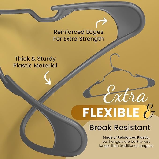Our Modern Space 200 Pack Plastic Hanger for Shirt Pants Coats Dresses Skirts Suits Jackets - Standard Thick Coat Hanger - Sturdy & Durable Design with Shoulder Grooves Hook - Grey