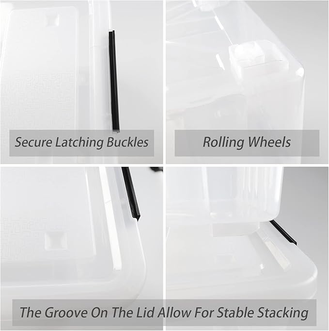 Cand 4 Packs 70 Quart Plastic Storage Box with Wheels, Large Lidded Storage Bins, Clear