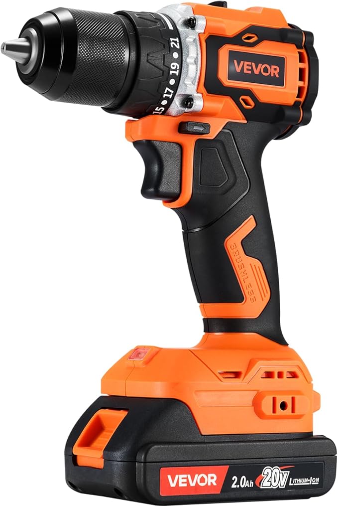 VEVOR Cordless Drill Driver, 1/2 inch Metal Chuck, Brushless Motor, Dual-Speed Variable, Drill Driver Kit with Lithium Battery and Charger, Tool Box, for Wood and Metal Drilling, Screw Driving