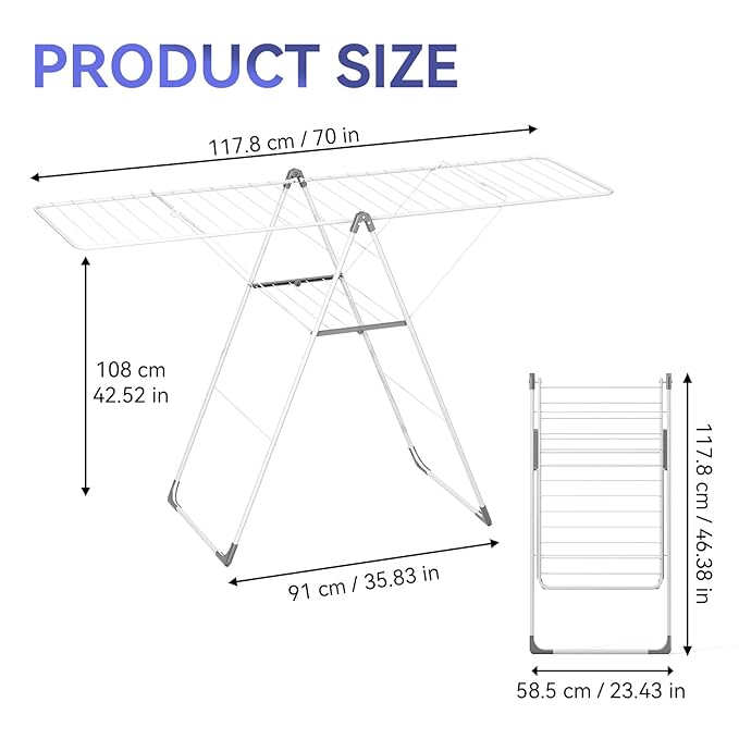 APEXCHASER Clothes Drying Rack, Foldable Oversized Drying Rack Clothing with L-Shaped Foot Cover, Height-Adjustable, Multi-Bar Laundry Rack, Indoor Outdoor Use, 20.47"D x 70"W x 42.52"H, Pearl White
