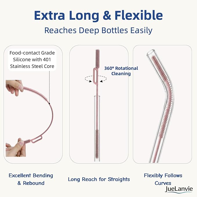 2-in-1 Dual-Head Straw Brush, Silicone Cleaning Brush for Straws & Lid Gaps, Long Flexible for Tumblers & Bottles, Non-Slip Handle, No-Scratch, 2 Pack (6mm & 9mm), Durable & Reusable (Blush Pink)