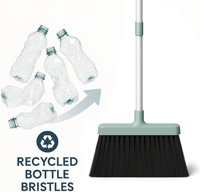 Pet Hair Broom and Dustpan Set, Self Cleaning Teeth No Hair Tangling, Heavy Duty 4 Layer Bristles, Long Handle Upright Sweep Set, Rubber Lip No Dust Left Behind for Home Floor Cleaning(Green)