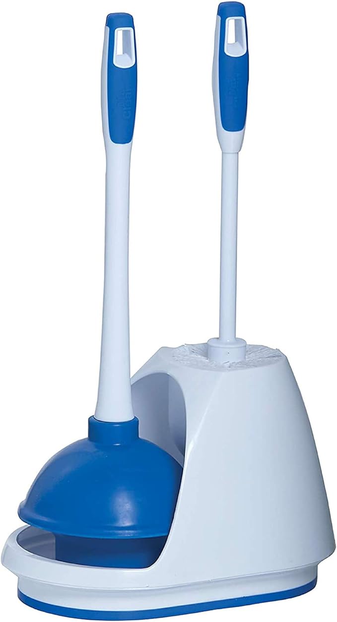Mr. Clean Toilet Plunger and Bowl Brush Combo with Caddy, 3-Piece Heavy-Duty Plunger, Toilet Brush, and Caddy Set, White/Blue