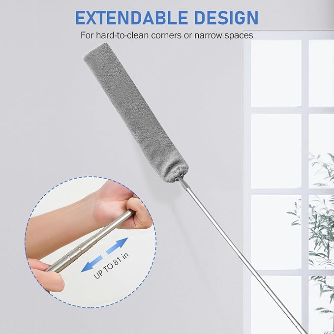 SetSail Dusters for Cleaning Retractable Gap Duster with Extension Pole Long Handle Cleaning Tools Flat Dust Cleaner with 2 Microfiber Dusting Cloths for Under Appliances Furniture Fridge