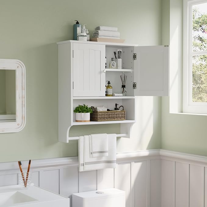 Smuxee White Bathroom Cabinet Wall Mounted with Towels Bar, Bathroom Medicine Cabinet with 2 Door Adjustable Shelves, Over Toilet Cabinet for Bathroom Laundry Room Kitchen