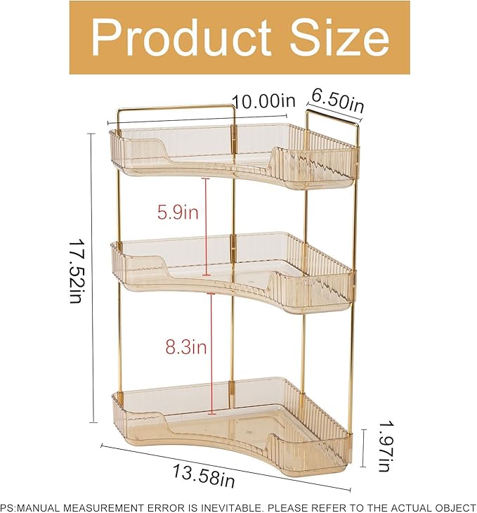 INVSSENE Corner Bathroom Countertop Organizer, Vanity Organizer Trays for Counter, Makeup Organizers, Perfume Tray, Skincare Shelf Storage Gifts for Women Girl Student (Yellow, 3 Tiers)