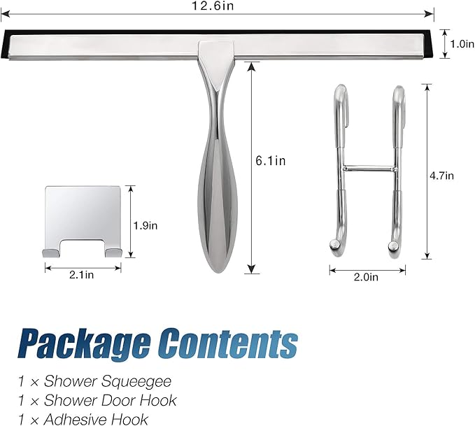 Simtive 12-Inch Shower Squeegee Set, Includes Shower Door Hook and Adhesive Hook, Squeegee for Shower Doors, Mirror and Window, Silver
