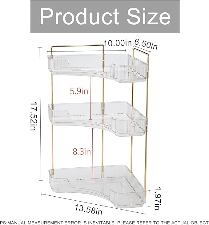 INVSSENE Corner Bathroom Countertop Organizer, Vanity Trays for Counter, Makeup Organizers, Perfume Tray, Kitchen Spice Rack, (Clear, 3 Tiers)