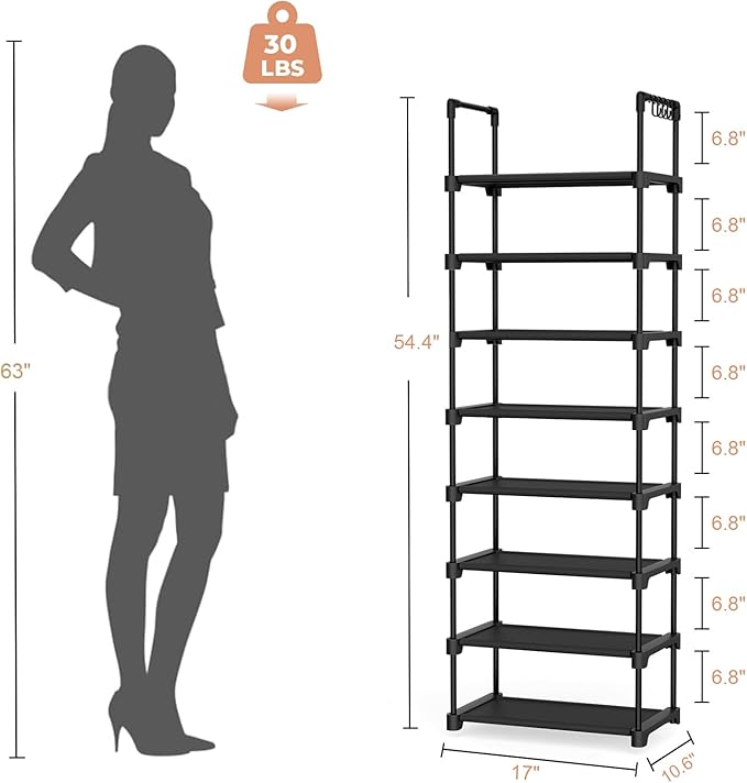LANTEFUL Tall Shoe Rack 8 Tiers, 16-20 Pairs Shoe and Boots Organizer Storage Sturdy Shoe Shelf, Narrow Vertical Shoe Rack for Entryway, Closet, Metal Shoe Organizer with 5 Hooks