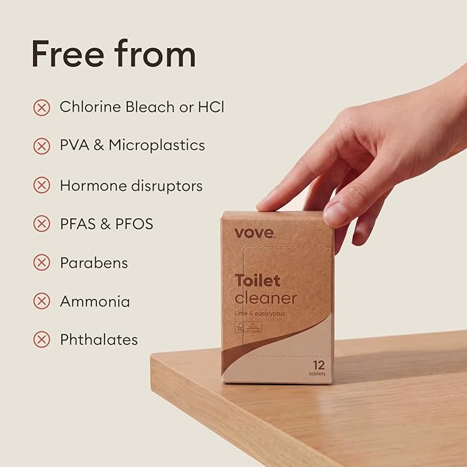 Vove Probiotic Toilet Bowl Cleaner Tablets, 24 Count - Lime & Eucalyptus, Citric Acid + Oxygen Bleach Fizzing Formula, Dissolves Hard Water Stains & Limescale, Plant-Based, Septic Safe, Plastic-Free