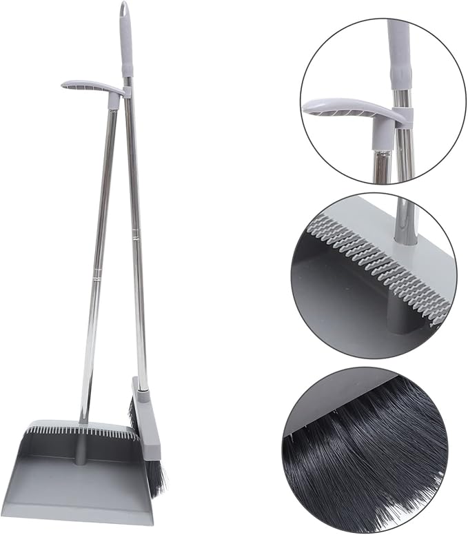 Cabilock Long Handle Broom and Dustpan with Supple Bristles Plastic and Stainless Steel for Home Office Kitchen Indoor Outdoor Cleaning Accessories