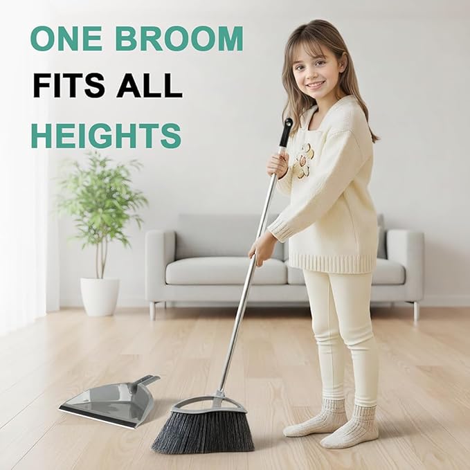 Soft Bristle Broom and Dustpan Combo Set, Long Handle Indoor Broom with Dustpan Set for Kitchen Hardwood Room Office and All Household Floor Cleaning (Gray)