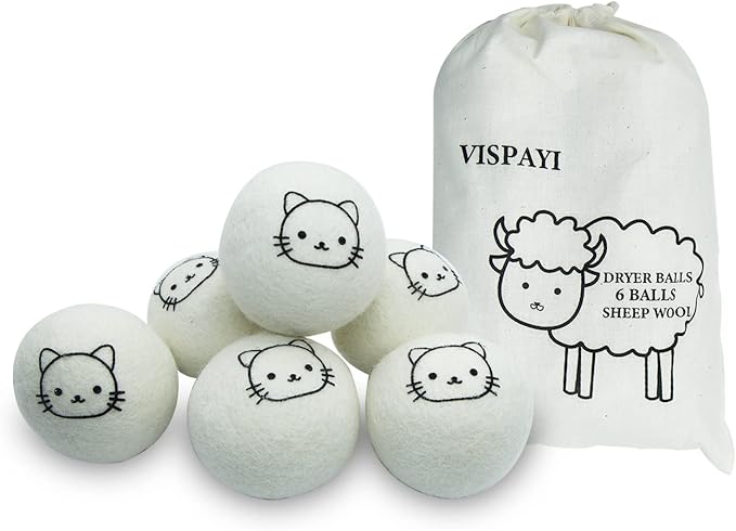 Dryer Balls Laundry Reusable, XL Wool Dryer Balls Cute Cat Face 6 Pack, Fabric Softener Ball, Extra Large Dryer Balls with Cat Pattern, Shorten Drying Time, Organic Wool - Dry 1000+ Loads