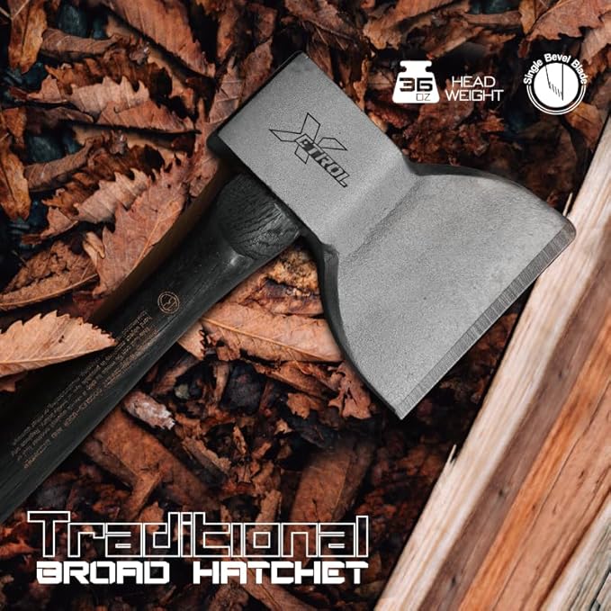 Traditional Broad Axe 36oz, Wood Axe, Biber Classic Carpenter's Hatchet, Straight Wooden Handle & Forged Steel Head, Hickory Handle, Outdoor Wood Splitting Chopping & Carving Tool