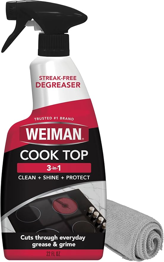 Weiman 22 Fl Oz Cooktop Cleaning Spray & Microfiber Cloth – Cooktop & Oven Cleaner for Streak & Residue Free - Non-Abrasive Degreaser Safe for Glass & Ceramic