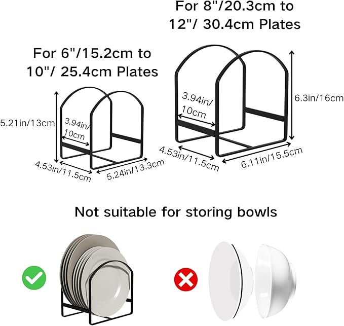 LINFIDITE 2 Pack Kitchen Plate Holder Organizer for Cabinet Space Saver Dinner Plate Storage Rack Upright Dish Drying Racks Metal Dish Stand for Cupboard Countertop Rustproof Black (1 Large 1 Small)
