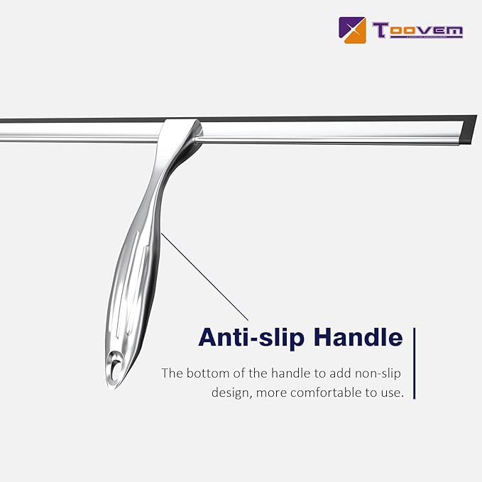 TOOVEM 14 Inch Shower Squeegee for Glass Doors, Window, Bathroom, Car Windshield, Shower Cleaning Tools with S Hook, Square Sticky Hook (Silver)