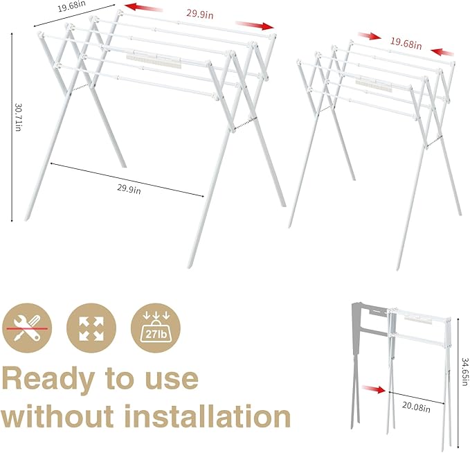 Collapsible Expandable Metal Clothes Drying Rack, Foldable & Portable Laundry Drying Rack, Space-Saving Design, Indoor & Outdoor Drying, Ideal for Laundry Room 16lb Capacity, Frosted White