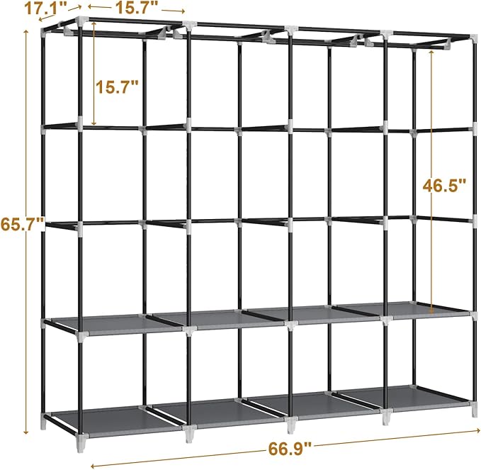 MOGELAFOO Portable Closet Wardrobe, 67-Inch Clothes Organizer with 4 Hanging Rods and 8 Shelves, Non-Woven Fabric Cover, Large Capacity Storage for Bedroom and Living Room, Grey
