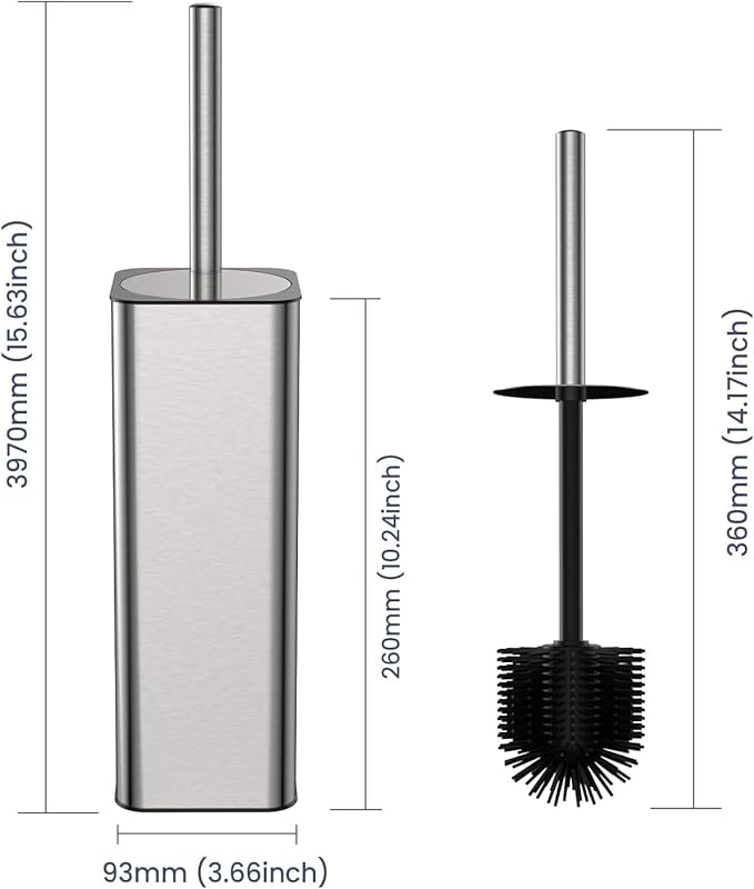 DOWRY Stainless Steel Toilet Bowl Brush and Holder for Bathroom, Deep Cleaning Toilet Brush and Holder Set with Long Handle, Hidden Toilet Bowl Brush with 2 Heads,Modern Decor Nickel Brushed Square