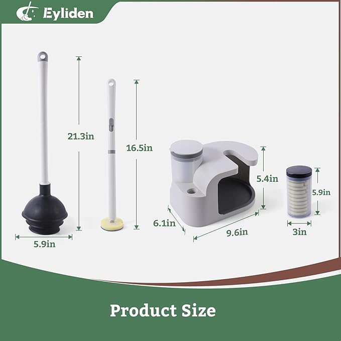Eyliden Disposable Toilet Brush and Plunger Combo | 2-in-1 Toilet Bowl Wand Kit - 10 Count Pre-Soaked Refill Heads, 3-Step Plunger, Storage Holder - Compact Toilet Cleaning System, White