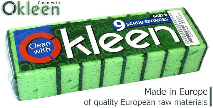 Green Multi Use Scrub Sponge. Made in Europe. 18 Pk, 4.3x2.8x1.4 inches. Odorless Heavy Duty and Non Scratch Fiber. Thick, Durable and Delicate Scrubber for Pans, Bowls, Jars, Sink, Floor