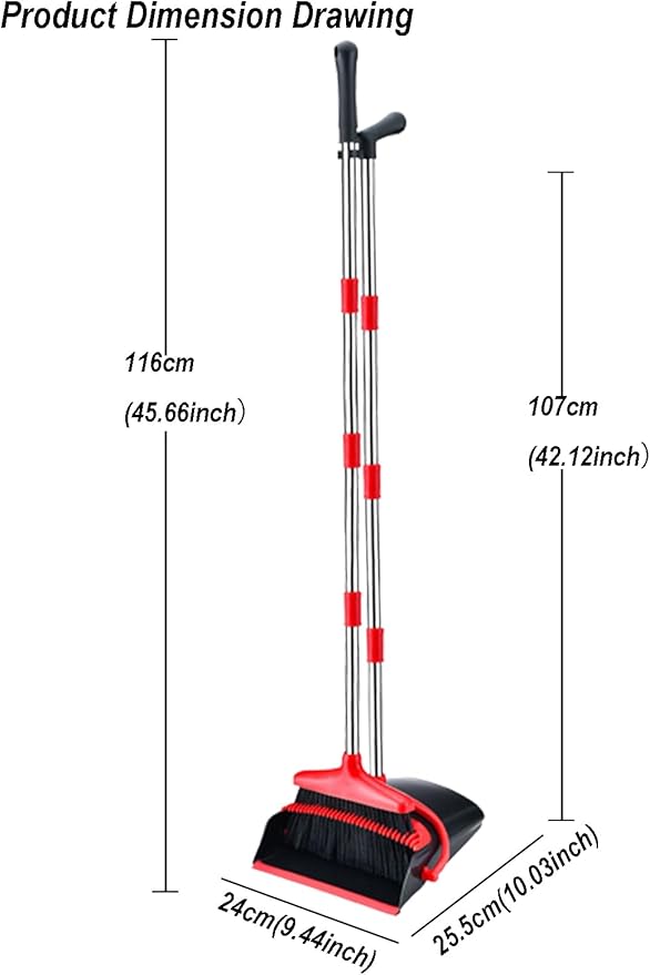 Broom and Dustpan Set, Stand Upright Windproof Dustpan, Long Handle Broom and Dustpan with Teeth for Home Kitchen Room Office Lobby Floor Cleaning (Black+Red)