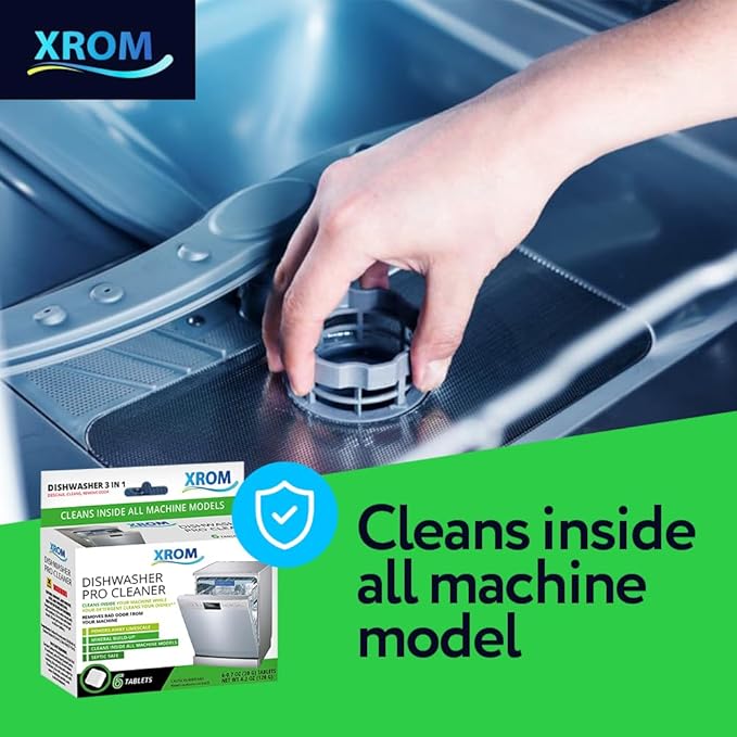 XROM Dishwasher Cleaner Tablets, Plant Based, Deep Clean and Descaler, Removes Odors & Hard Water Stains, 6 Treatments.