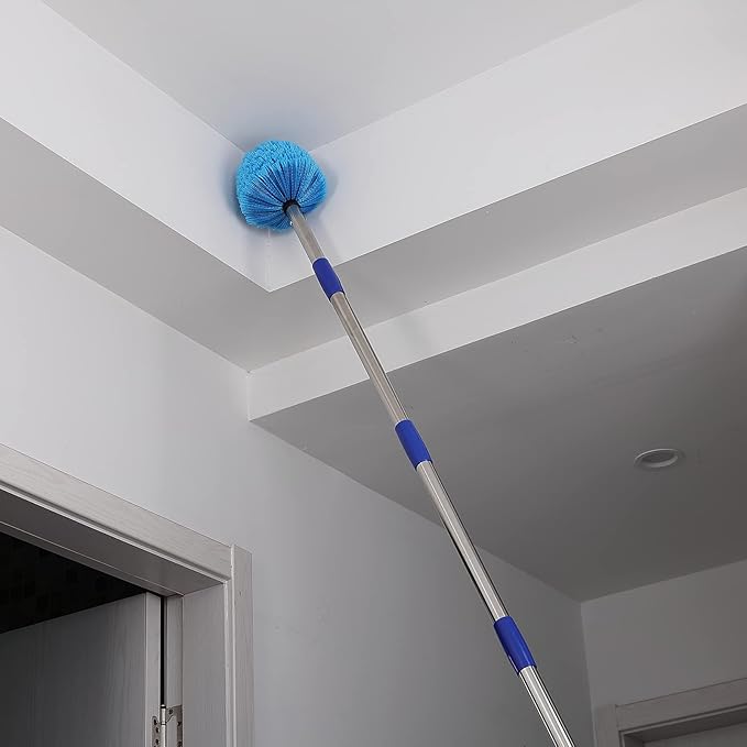 Cobweb Duster with Extension Pole - 6 FT Lightweight Stainless Steel Extendable Duster Ceiling Fan Duster for High Ceilings, Medium Stiff PET Bristle Spider Web Brush for Indoor/Outdoor Cleaning
