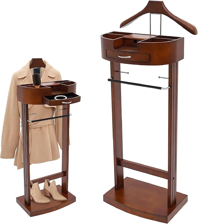 Wood Suit Rack, Vintage Birch Freestanding Clothing Valet Stand, Practical Valet Stand with Drawer and Trouser Holder, Wooden Contoured Coat Rack for Suits, Pants, Ties (Brown)